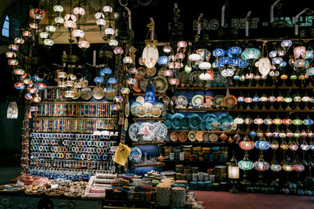 Istanbul, Turkey, 7 May 2018, Eastern Grand Bazaar market sells local traditional dishes, plates and...
