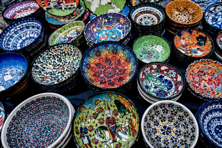 Istanbul, Turkey, 7 May 2018, Eastern Grand Bazaar market sells local traditional dishes, plates and...