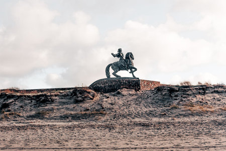 Baltiysk, Russia, 3 February 2020, Bronze monument to Empress Elizabeth Petrovna sitting on horse