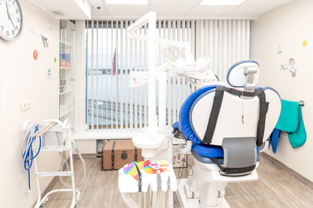 Saint Petersburg, Russia, 13 November 2021, Dental equipment in light dentist office in new modern dental clinic room, background of dental chair and accessoriesのeditorial素材