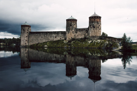 Savonlinna, Finland, 15 June 2019, Fortress in the old town, old stone landmark, fortification building landscapeのeditorial素材