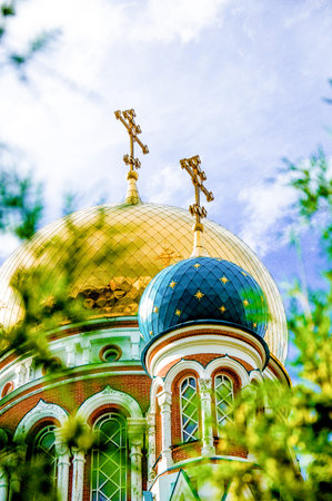 Omsk, Russia, 24 July 2015, Orthodox Church with Dome and Christian Cross, Religious Building...
