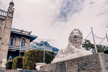 Alupka, Crimea, 8 July 2020, Vorontsov Palace historic museum on the Black Sea coast overlooking the...