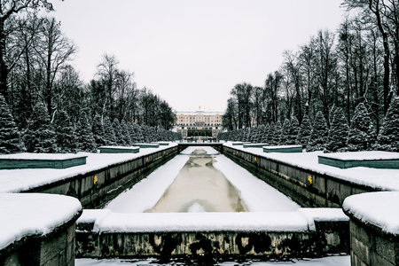Saint Petersburg, Russia, 18 February 2018, Peterhof museum complex with palace and cascading...