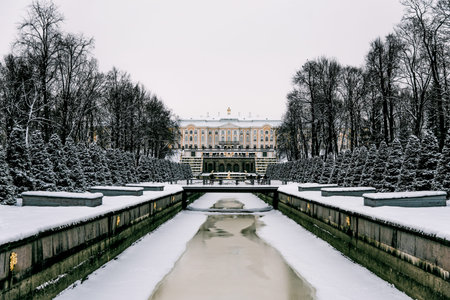 Saint Petersburg, Russia, 18 February 2018, Peterhof museum complex with palace and cascading fountain winterのeditorial素材