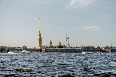 Saint Petersburg, Russia, 21 Jule 2019, Peter and Paul Fortress and panorama of the Neva River