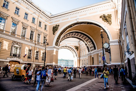 Saint Petersburg, Russia, 30 Jule 2017, Tourists walk near the Winter Palace museum