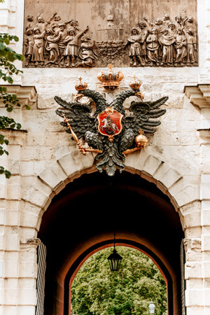Saint Petersburg, Russia, 7 August 2020, Peter and Paul Fortress and panorama of museum fortress, coat of state hang above archのeditorial素材