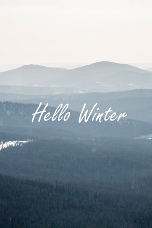 Greeting card banner with inscription Hello, winter on background of snowy forest