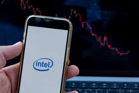 Bar, Montenegro, 8 June 2026, Falling of company Intel share price on exchange market, brokerage chart of forecast changes