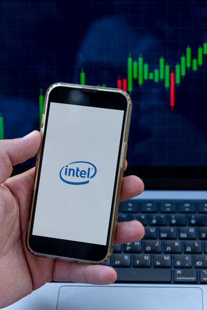 Bar, Montenegro, 8 June 2026, Growth of company Intel share price on exchange market, brokerage chart of forecast changes