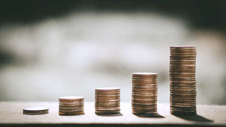 Coin stacks for step up growing business to profit and money saving concept.の写真素材