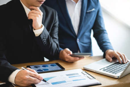 Business project team colleague working together at meeting and analyzing with new startup project, Idea presentation and strategy plan of business investment.の写真素材