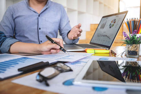 Professional Business casual partner discussing ideas plan and presentation project at meeting working and analysis at workspace office, financial and investment concept.の写真素材