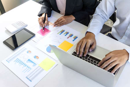 Group of coworkers work together office, business making conversation with partner presentation project at meeting working and analysis, Idea presentation and strategy plan of business investment.の写真素材