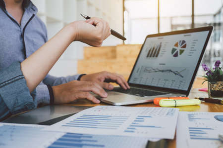 Professional Business casual partner discussing ideas plan and presentation project at meeting working and analysis at workspace office, financial and investment concept.の写真素材