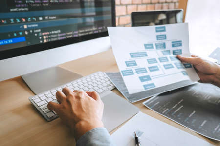 Professional Developer programmer working a software website design and coding technology, writing codes and database in company office, Global cyber connection technology.の写真素材