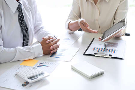 Executive Business team presentation conference on meeting to planning investment project working and strategy of business making conversation with partner, financial and accounting concept.の写真素材