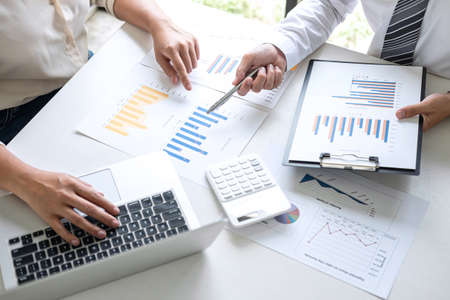 Executive Business team presentation conference on meeting to planning investment project working and strategy of business making conversation with partner, financial and accounting concept.の写真素材