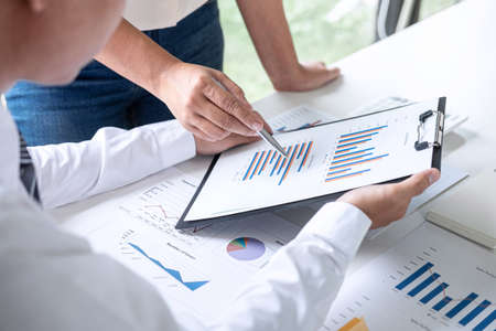 Executive Business team presentation conference on meeting to planning investment project working and strategy of business making conversation with partner, financial and accounting concept.の写真素材