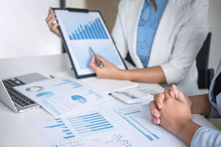 Executive business woman team brainstorming on meeting to conference planning investment project working and strategy of business making conversation with partner, financial and accounting concept.の写真素材