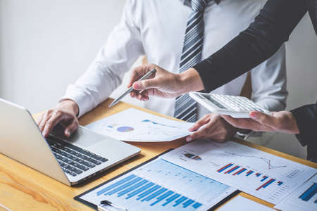 Professional executive Business colleague team working and analyzing with new project of accounting finance, Idea presentation and meeting strategy plan of financial business investment.の写真素材