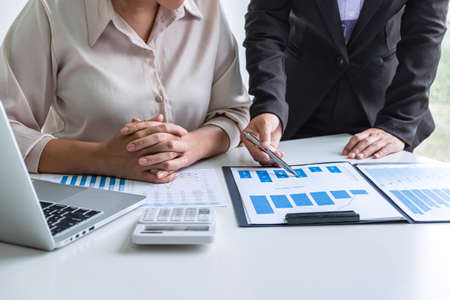 Executive business woman team brainstorming on meeting to conference planning investment project working and strategy of business making conversation with partner, financial and accounting concept.の写真素材