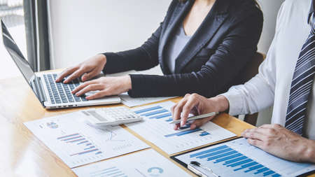 Professional executive Business colleague team working and analyzing with new project of accounting finance, Idea presentation and meeting strategy plan of financial business investment.の写真素材
