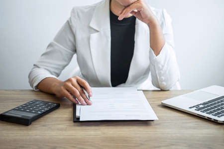 Job interview, Image of businesswoman listen to candidate answers explaining about his profile and...