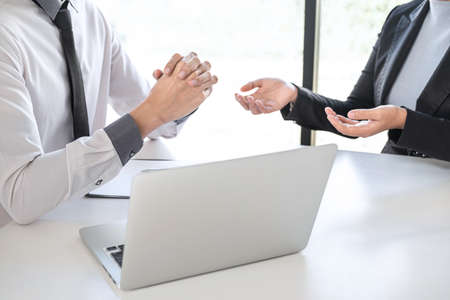Employer arriving for a job interview, businesswoman listen to candidate answers explaining about her profile and colloquy dream job, manager sitting in job Interview talking in office.の写真素材