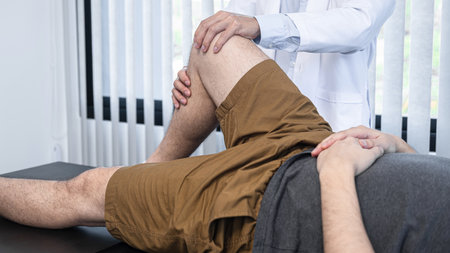 Young asian physiotherapist checking knee joint with injury to giving treatment and to rehabilitation therapies in clinicの写真素材