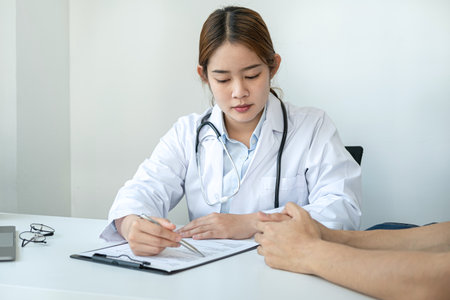 Doctor is pointing on document to explaining disease and illness symptoms for patient before writing a prescription and giving treatment advice to patient in her clinicの写真素材