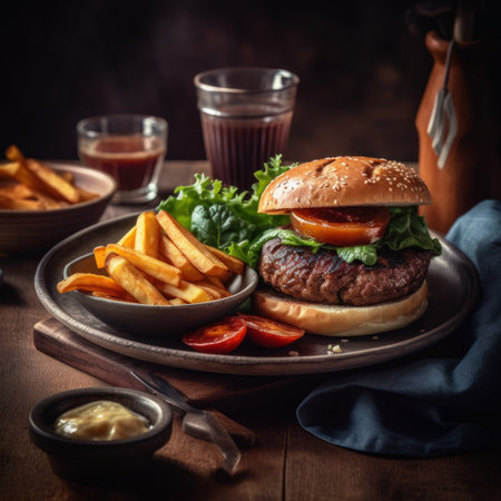 A delicious burger and French fries served at a restaurant. Generative AI.の素材