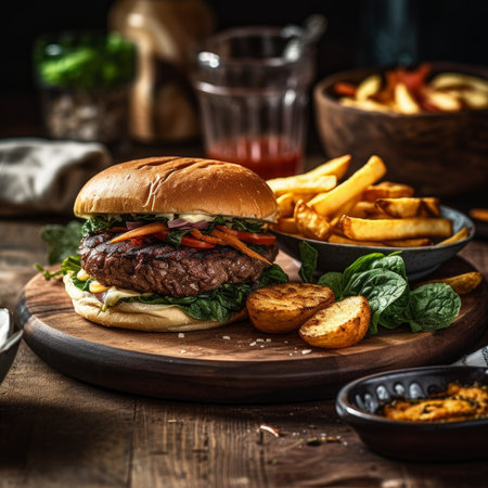 A delicious burger and French fries served at a restaurant. Generative AI.の素材