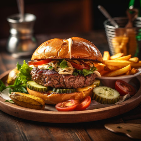 A delicious burger and French fries served at a restaurant. Generative AI.の素材
