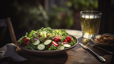 A delicious fresh salad served at a restaurant. Generative AI.の素材