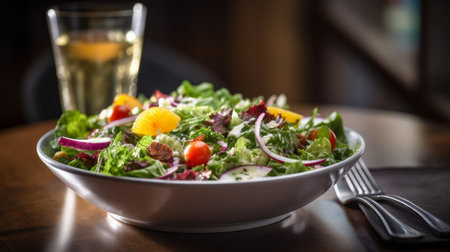 A delicious fresh salad served at a restaurant. Generative AI.の素材
