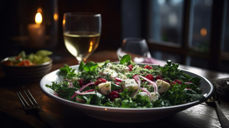 A delicious fresh salad served at a restaurant. Generative AI.の素材