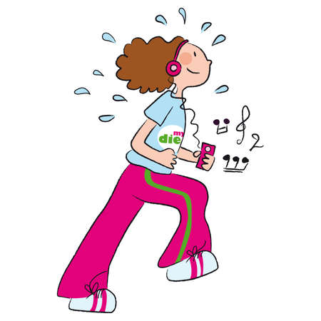 Girl listening to music while jogging, Vector illustration.のイラスト素材