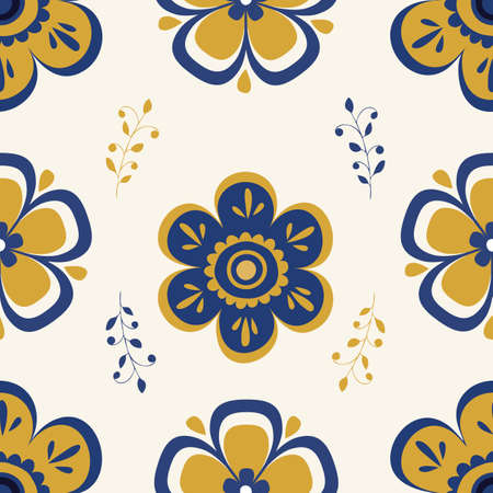 Seamless vector with mustard blue folk art daisiesのイラスト素材