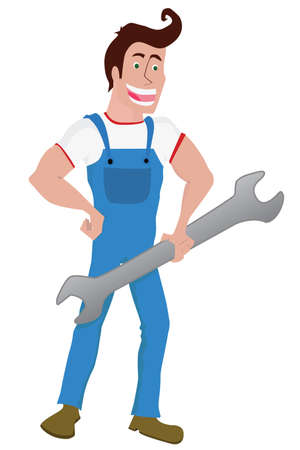 a mechanical holding a wrench and wearing a blue overallのイラスト素材