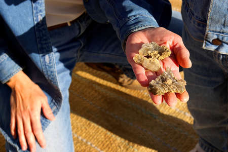 Woman showing quartz crystals found outdoors to little girl.の写真素材