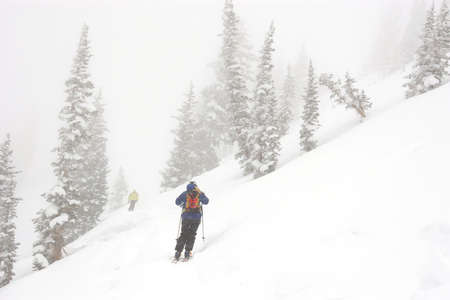 Two skiers moving along a traverse during a snow storm.の写真素材