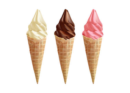 vanilla, fruit and chocolate ice cream in the cone waffle on white background