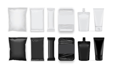 set of white and black paper and plastic packaging isolated on white backgroundのイラスト素材