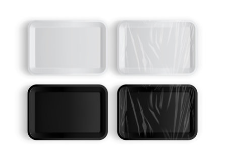 white and black tray packaging for food isolated on white background vector mock upのイラスト素材