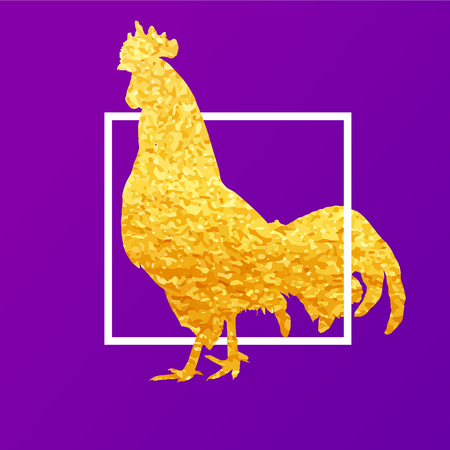 Happy 2017 Chinese New Year card. poster of a golden rooster isolated on violet background. Design template for prints, covers, posters, gift cards.のイラスト素材