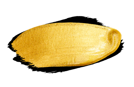golden brush stroke for you amazing design project. Watercolor texture paint stain isolated on white. Abstract hand painted golden background for greeting, gift, wedding, birthday card.のイラスト素材