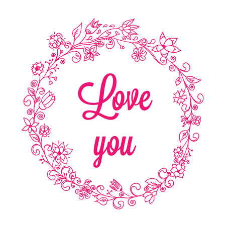 Vector valentines day card with hand drawn stylish floral romantic frame. Vintage invitation card in vector.のイラスト素材