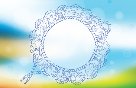 Vector summer time background. Beach and tropical sea with bright sun. Sea backdrop with rope frame for certificate, gift,voucher, present, discount, invitation,wedding card.のイラスト素材